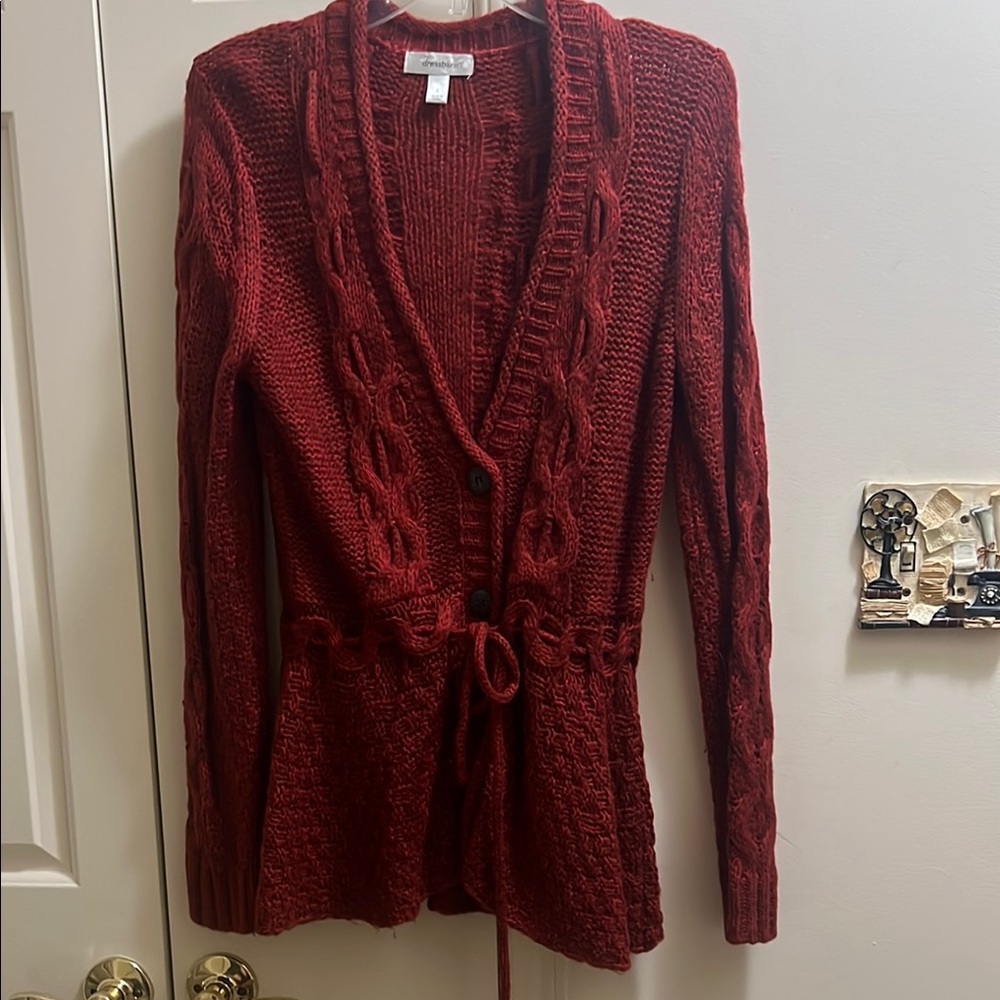 Deep Red Cable Knit Cardigan with Front Tie